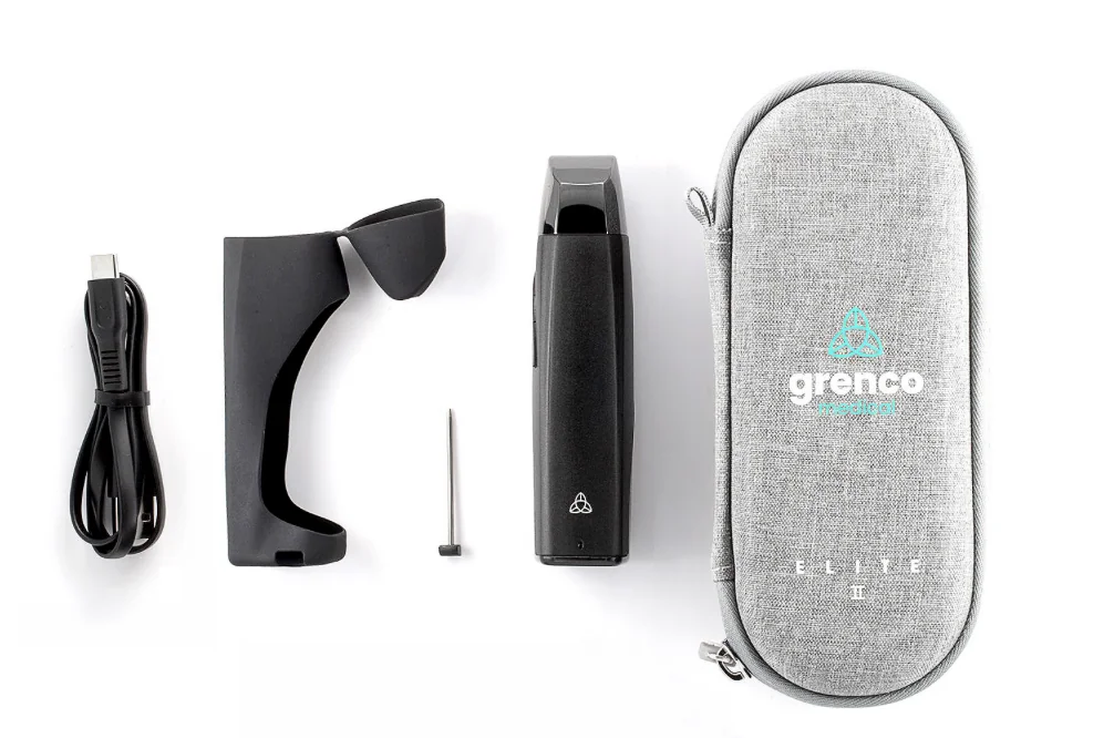 Grenco Medical Elite II kit contents including the vaporiser, USB-C cable, silicone sleeve, pick tool, and hemp travel case.