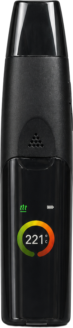 Grenco Medical Elite II device shown upright with the TFT display lit at 221&nbsp;°C.