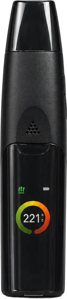 Grenco Medical Elite II device shown upright with the TFT display lit at 221&nbsp;°C.