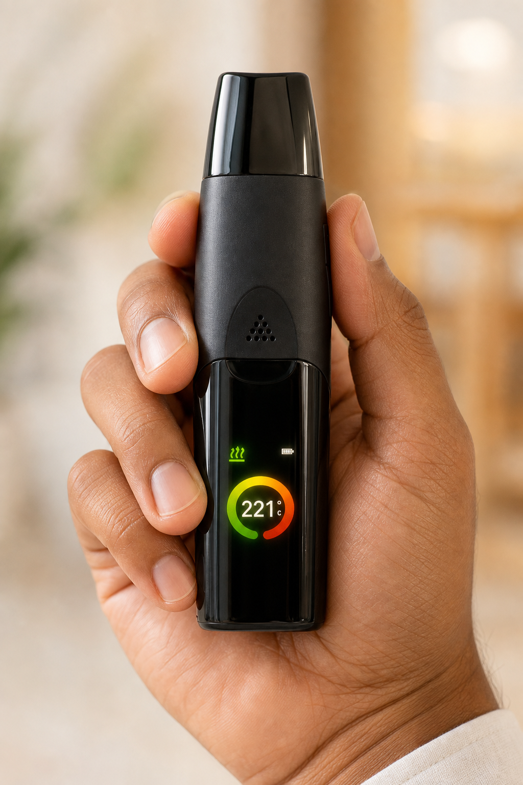 A hand holding the Grenco Medical Elite II showing 221°C on the temperature dial.